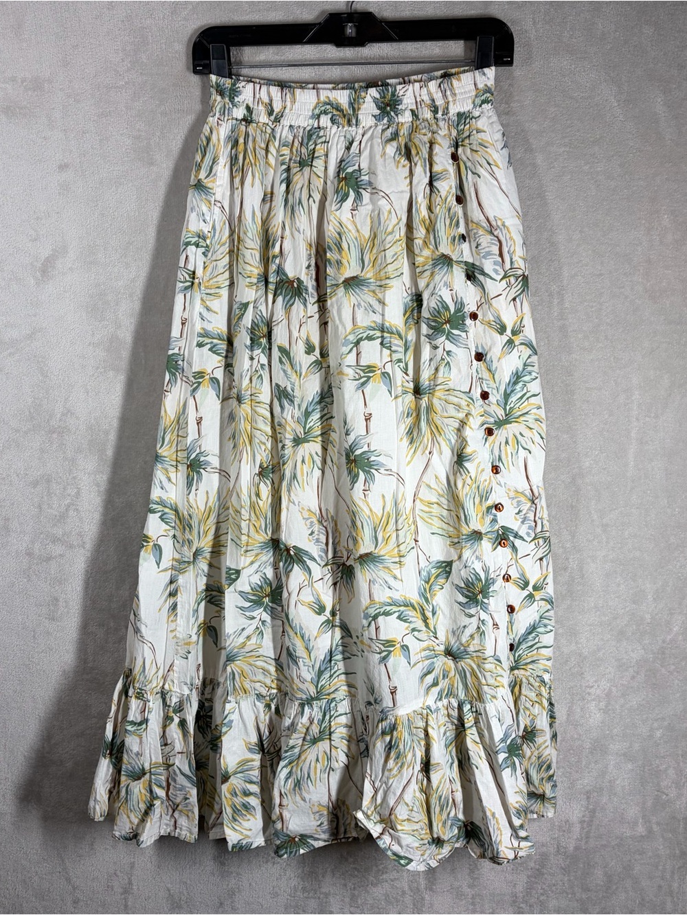 Flowy Tiered‎ Maxi Skirt Size S Tropical Print Cotton Retro Cottage Peasant Boho